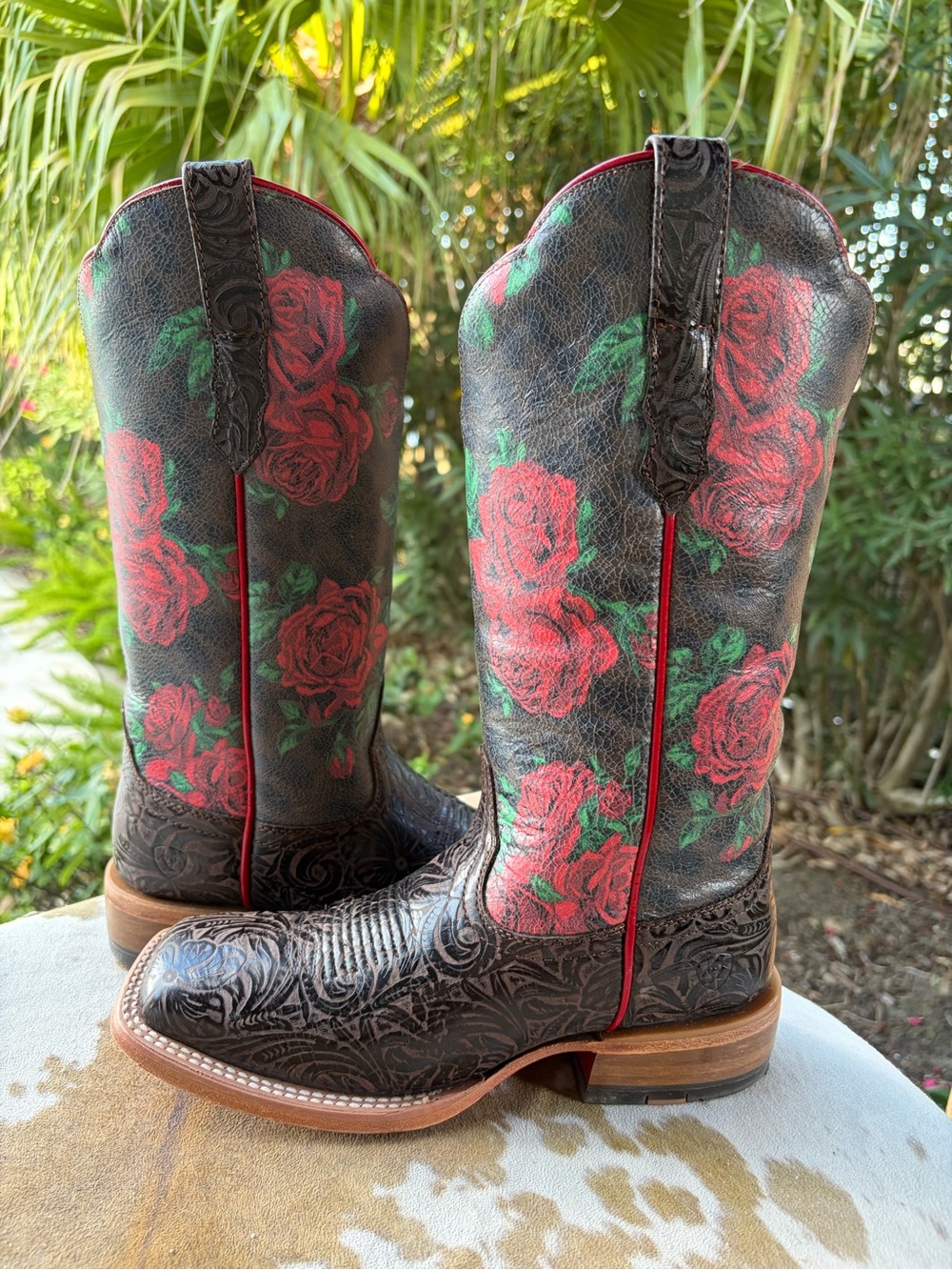 WOW! 🤠ARIAT🤠 Frontier Farrah Red Rose Chocolate Brown Cowboy Boots SZ 7.5 B